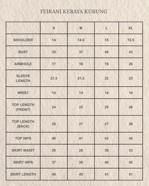 Feirani Size Chart Feirani Size Chart